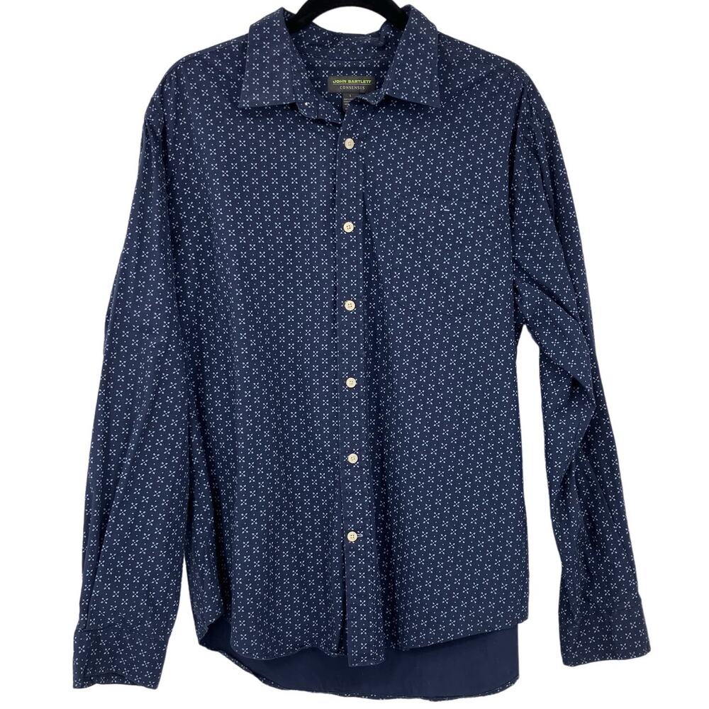 John Bartlett Consensus Navy Blue Geometric Floral Long Sleeve Button Down Shirt